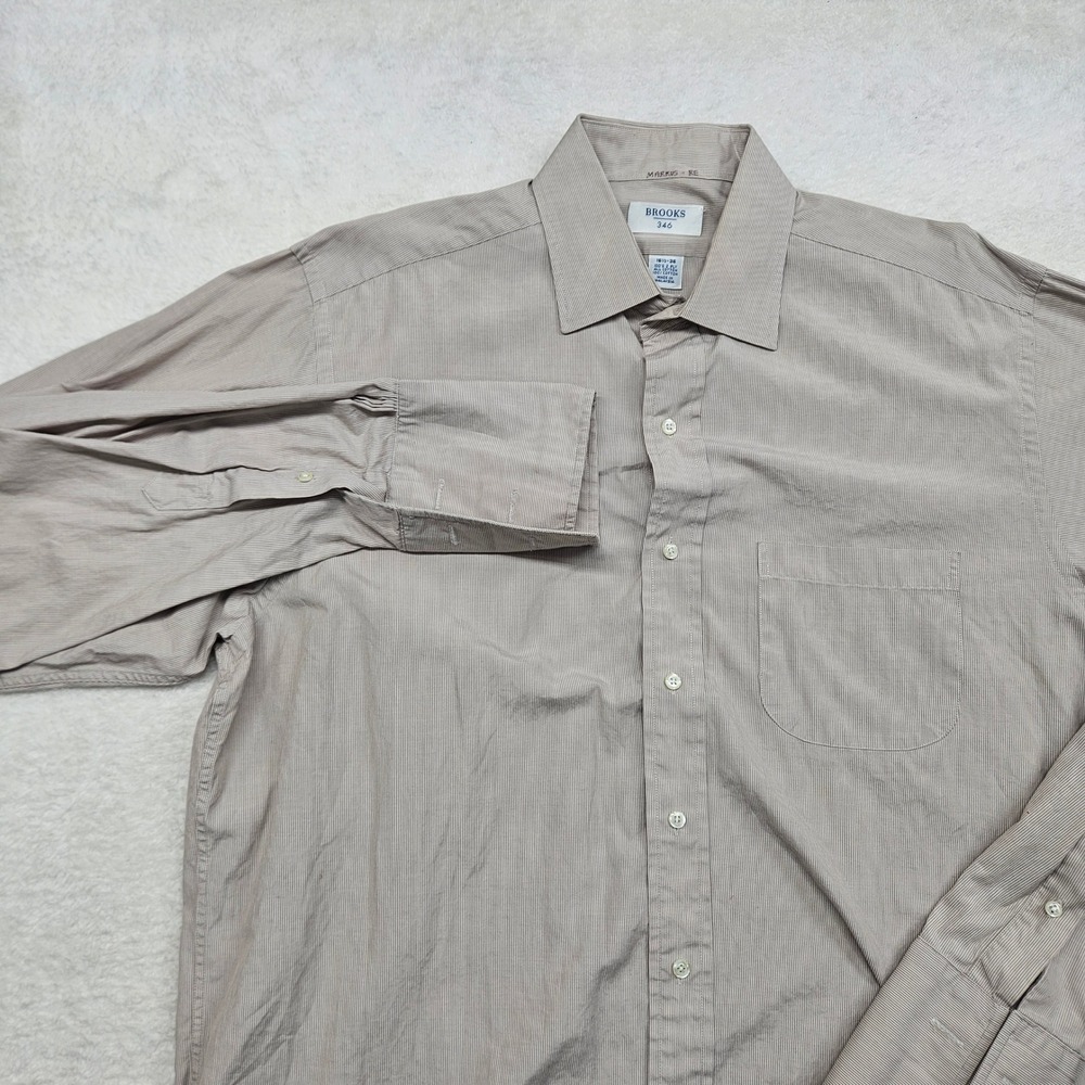 Brooks 346 Mens Tan White Micro Stripe Cotton Dress Shirt 16.5 36 Long Sleeve